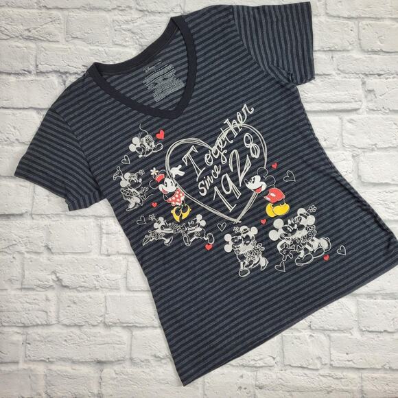 Disney Store Mickey Minnie Together since 1928 Gray Striped T-shirt size Large - Picture 1 of 4